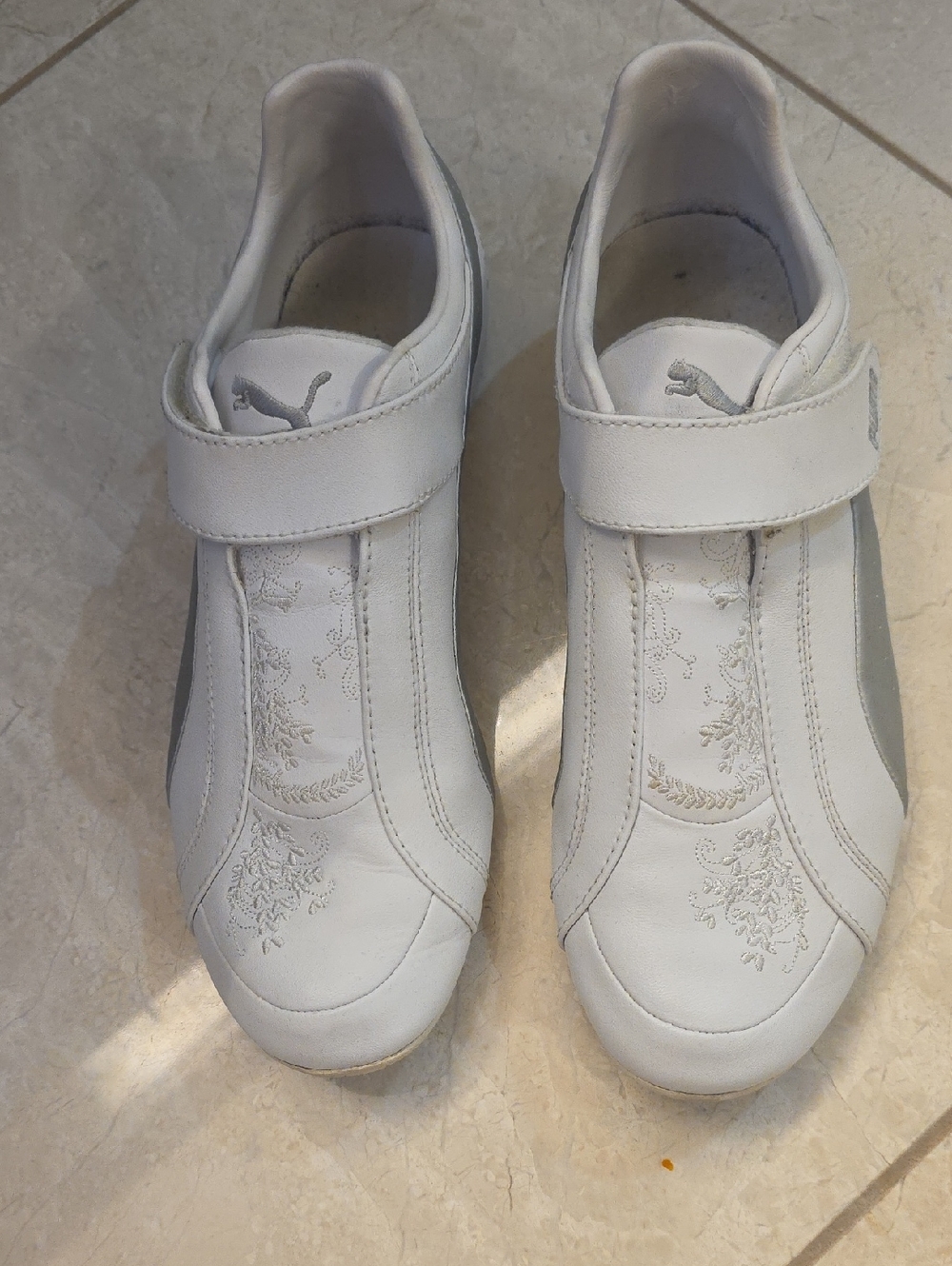 Puma Women White Leather Slip-On Sneakers with Embroidered Detail 8